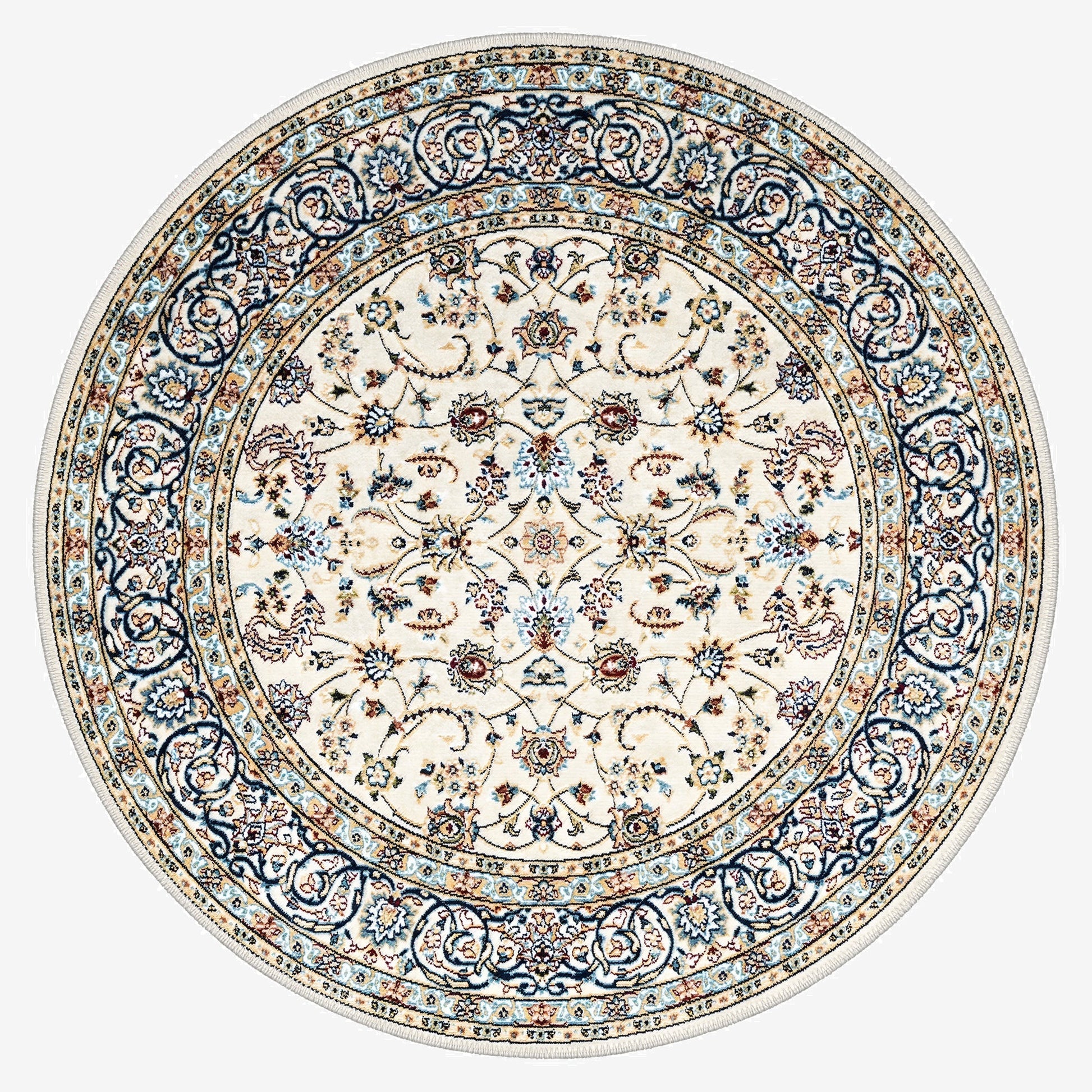 Decorative round rug with intricate patterns on a white background