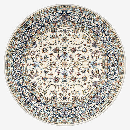 Decorative round rug with intricate patterns on a white background