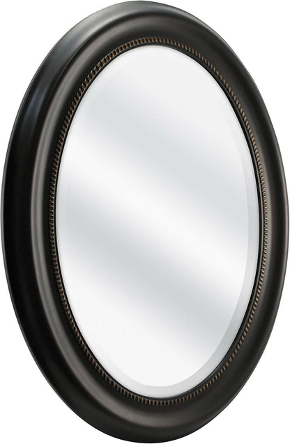 Round mirror with a black frame on a white background