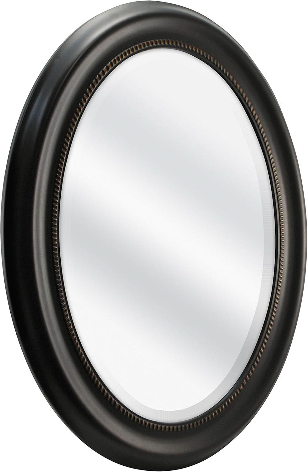 Round mirror with a black frame on a white background