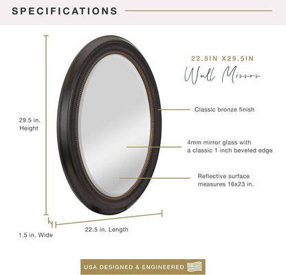 Bronze Oval Wall Mirror 22.5x29.5 Inch Beaded Edge Vertical Horizontal Mount-2