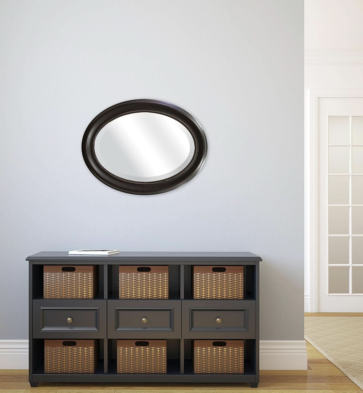 Bronze Oval Wall Mirror 22.5x29.5 Inch Beaded Edge Vertical Horizontal Mount-3