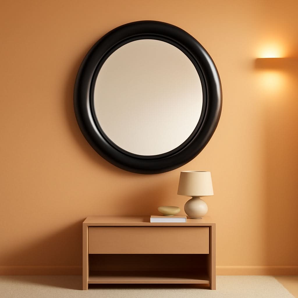 Round black-framed mirror on an orange wall with a wooden side table and lamp below.