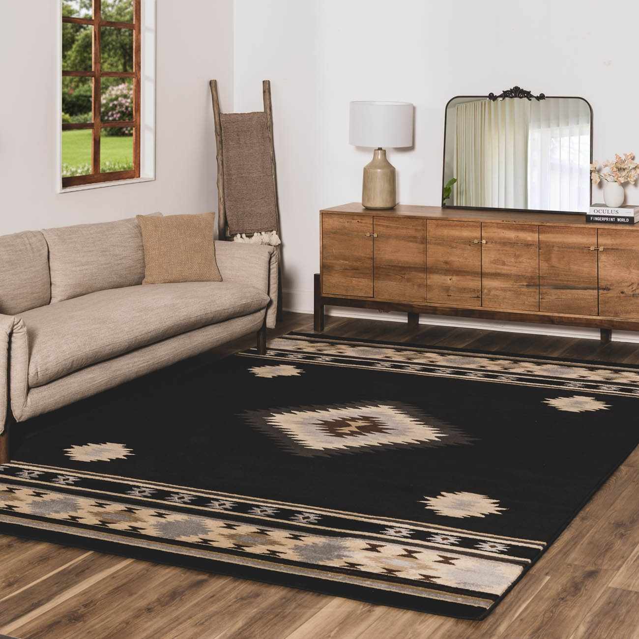 Buckhaven Black Southwestern Area Rug Machine Woven Polypropylene-1