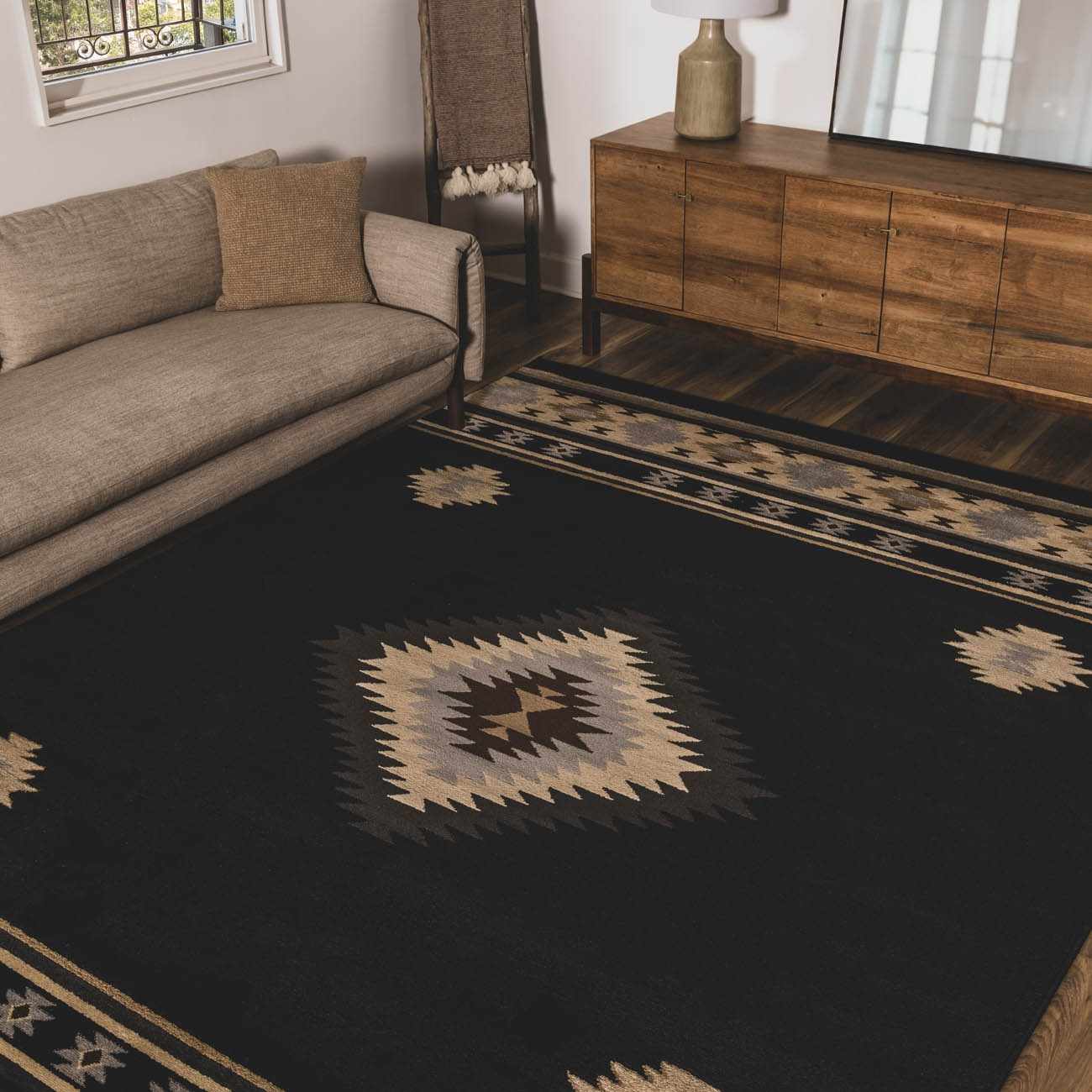 Buckhaven Black Southwestern Area Rug Machine Woven Polypropylene-2