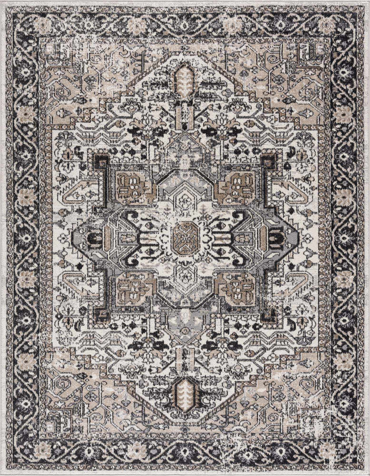 Decorative rug with intricate patterns in black, white, and gray on a plain background