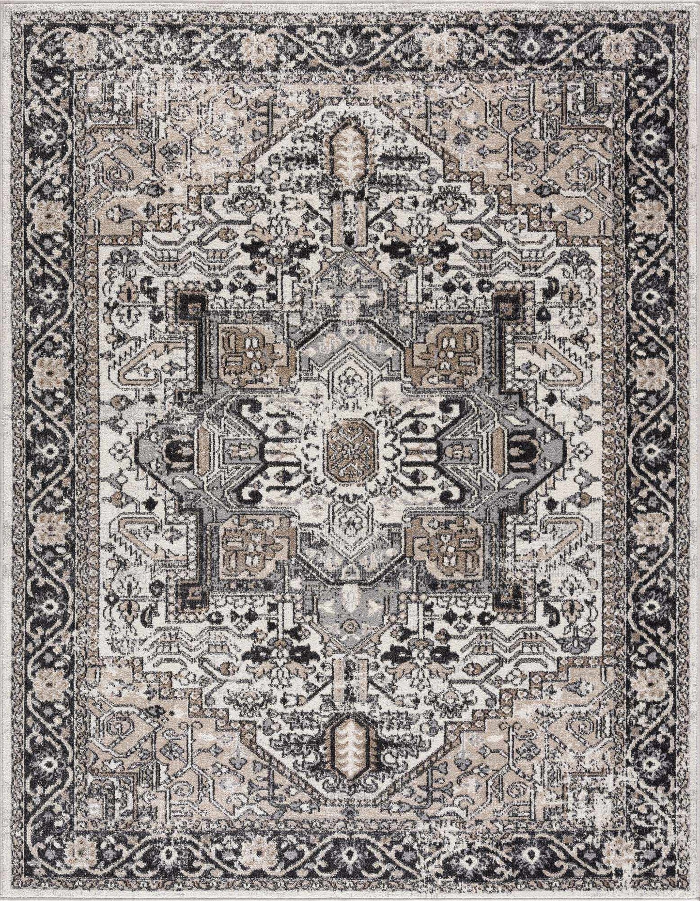Decorative rug with intricate patterns in black, white, and gray on a plain background