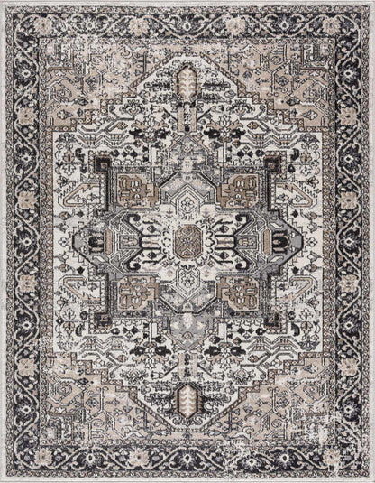 Decorative rug with intricate patterns in black, white, and gray on a plain background