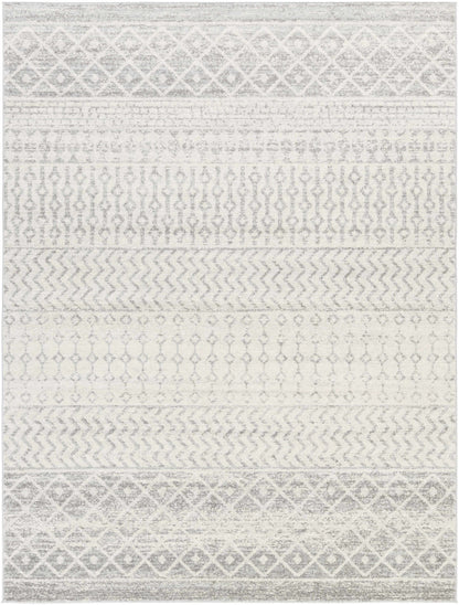Patterned rug with geometric design in gray and white