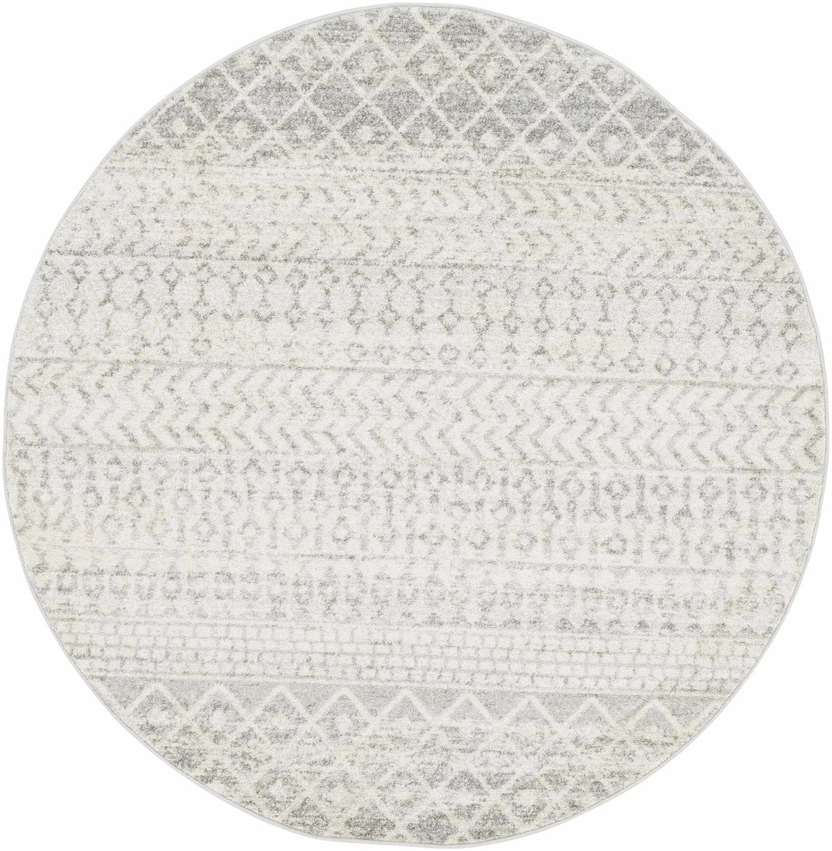 A round area rug with a distressed tribal pattern in shades of gray and off-white, shown against a plain white background.