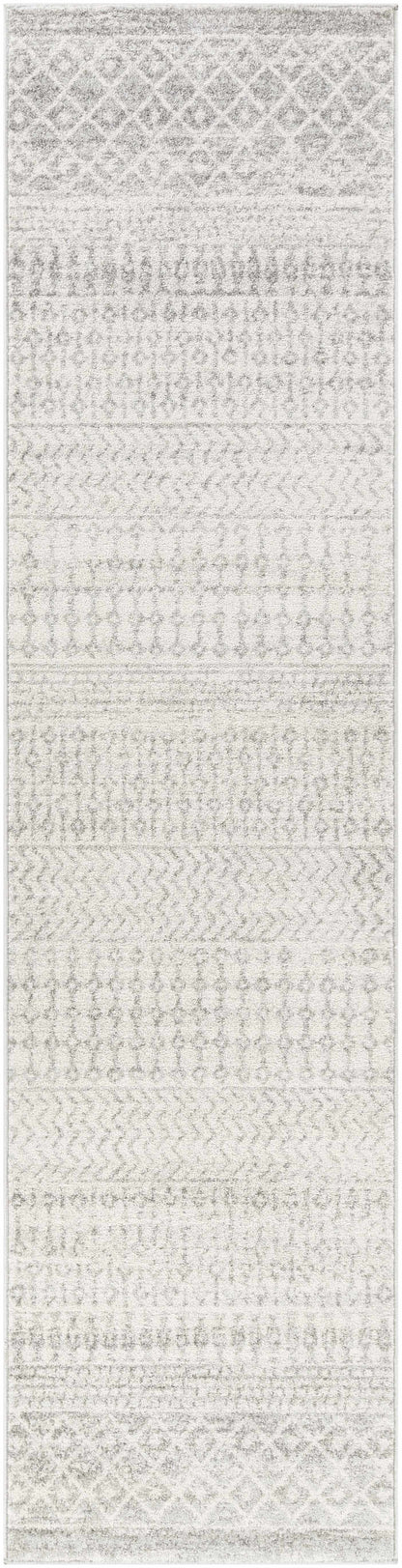 Textured white and gray area rug with geometric pattern