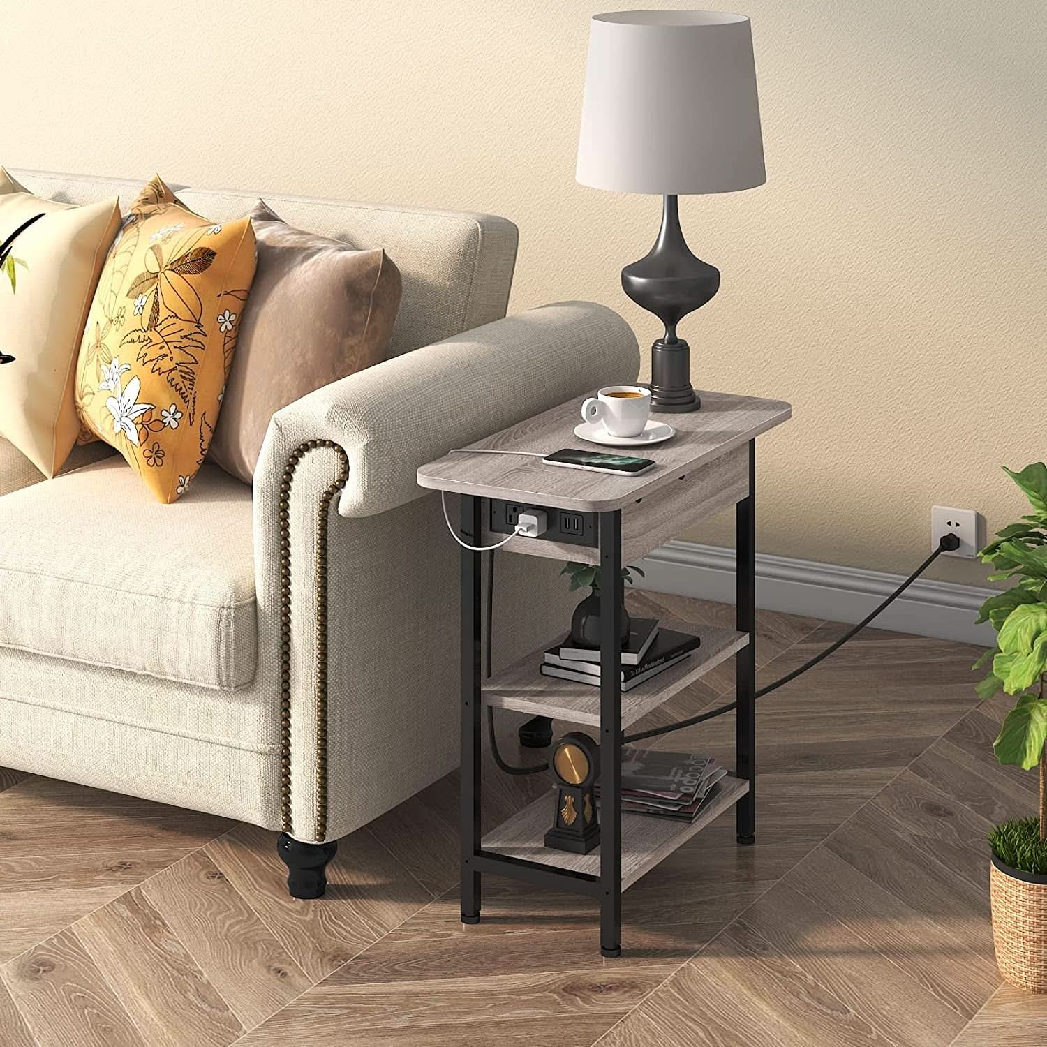 End Table with Vertical Charging Station USB Outlets Greige Modern Side Table-1