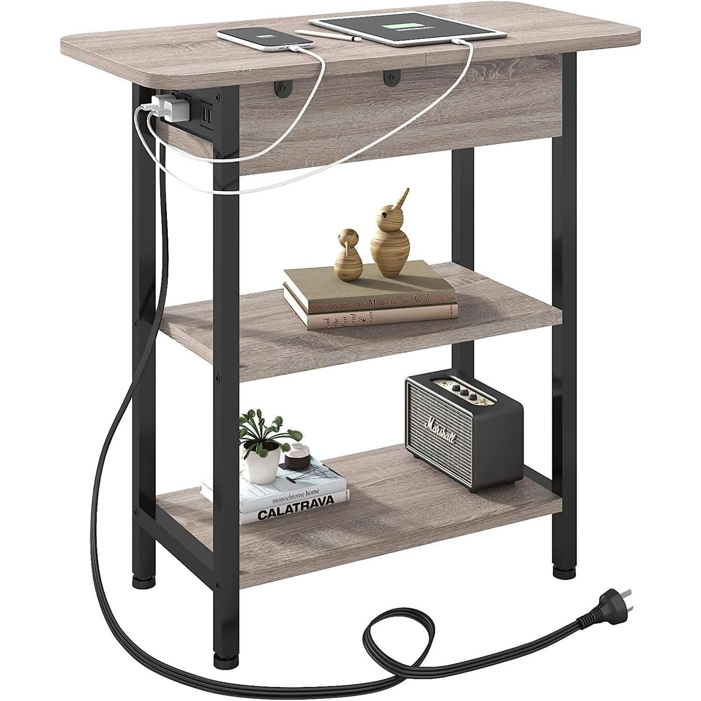 End Table with Vertical Charging Station USB Outlets Greige Modern Side Table-2