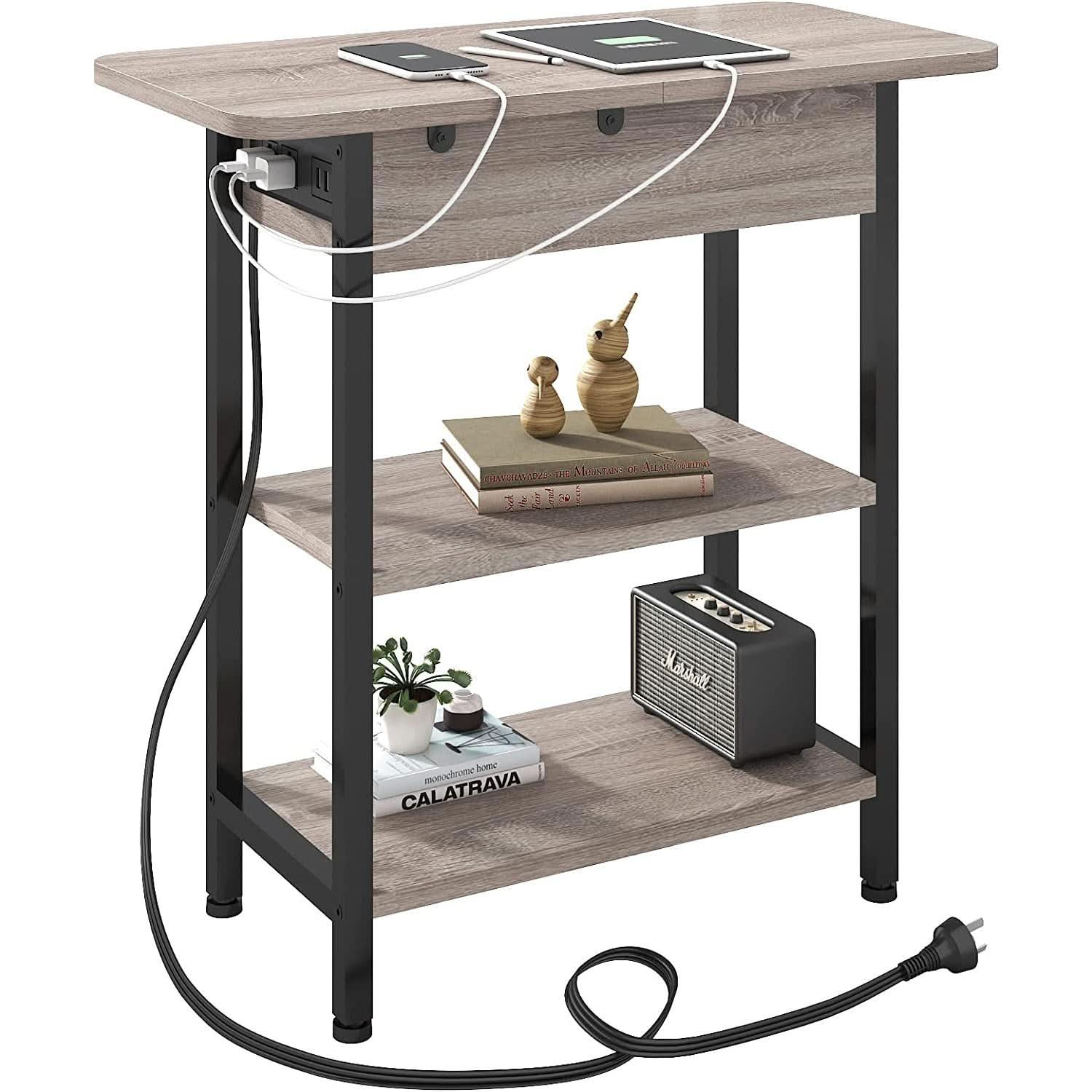 End Table with Vertical Charging Station USB Outlets Greige Modern Side Table-2