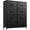 Black dresser with multiple drawers on a white background