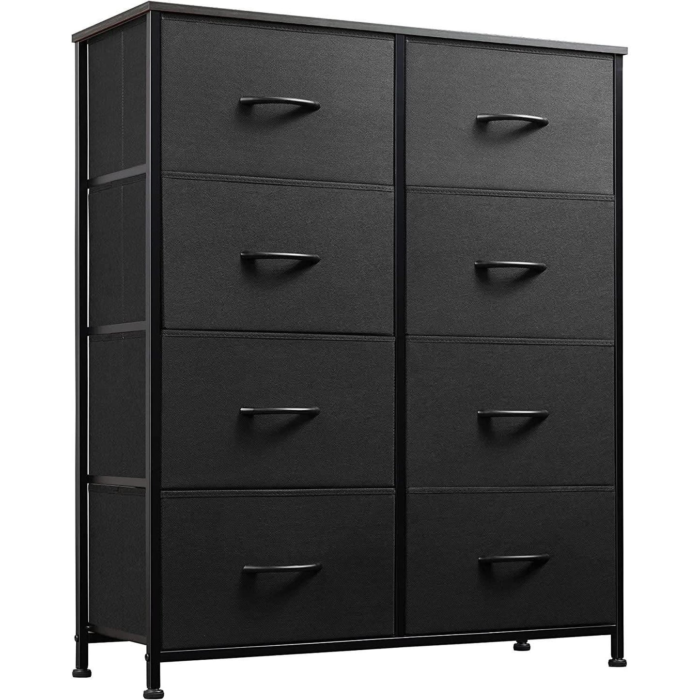 Black dresser with multiple drawers on a white background