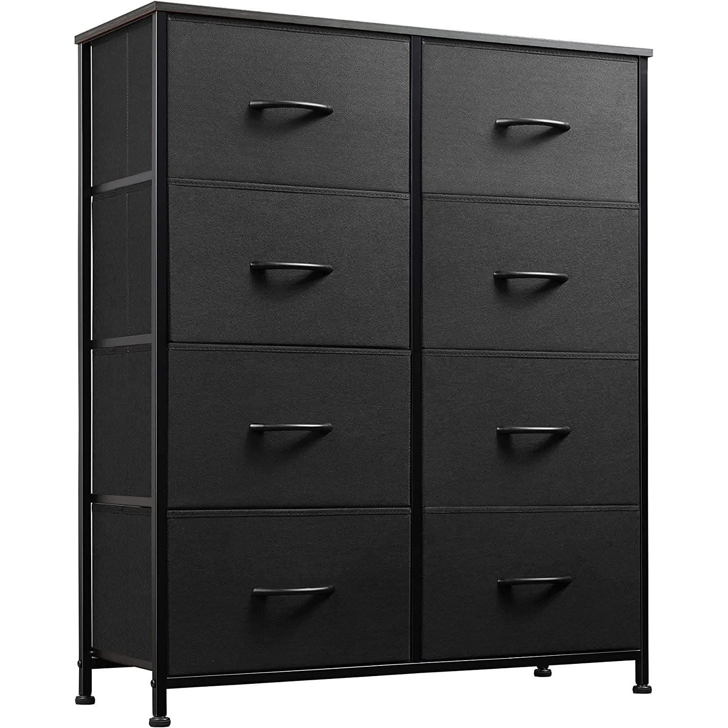 Black dresser with multiple drawers on a white background