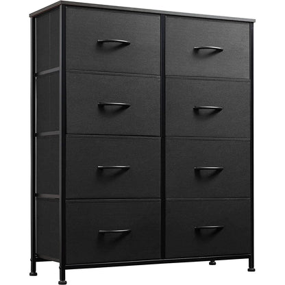 Black dresser with multiple drawers on a white background
