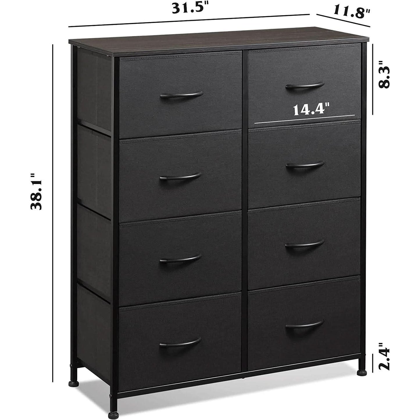 Black dresser with six drawers and dimensions labeled on a white background