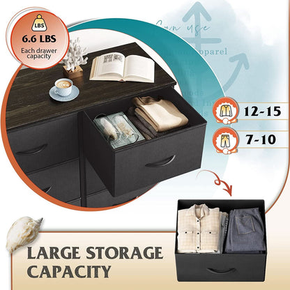 Black dresser with open drawers showing clothing and a box of clothes, with text about storage capacity.