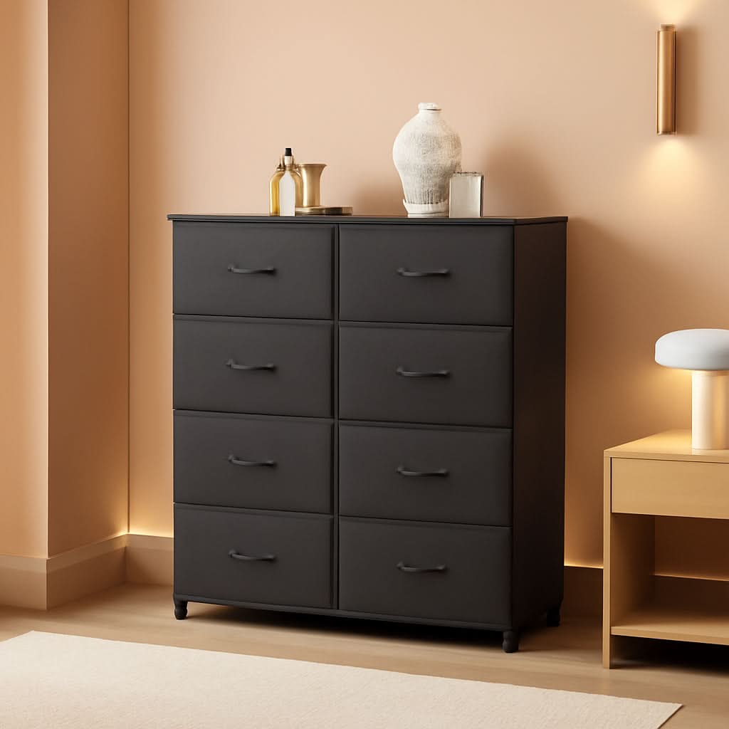 Black dresser with decorative items against a beige wall