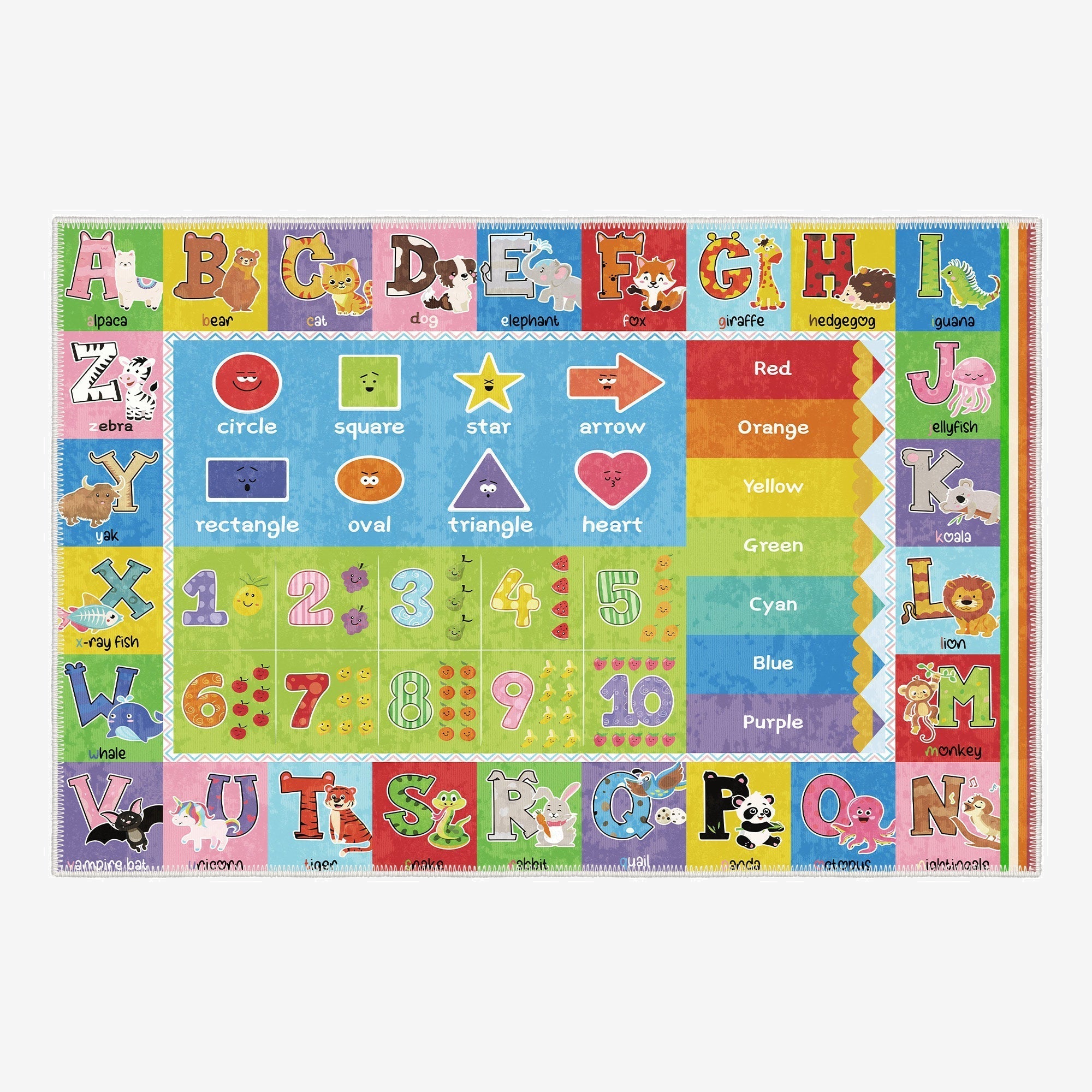 Colorful children's educational rug with letters, numbers, and shapes.