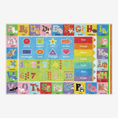 Colorful children's educational rug with letters, numbers, and shapes.