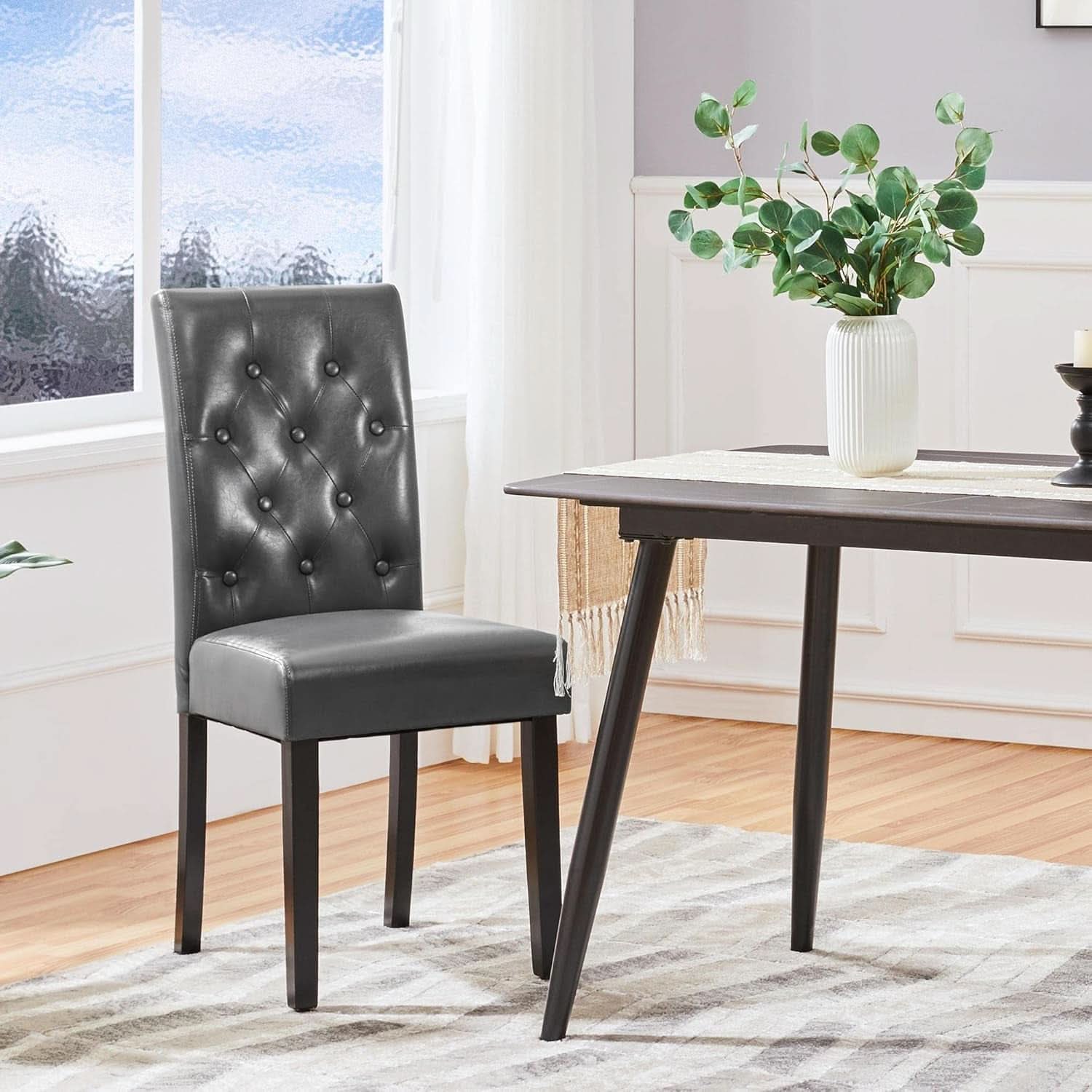 Gray Faux Leather Parsons Dining Chairs Set of 2 High Back Upholstered-1