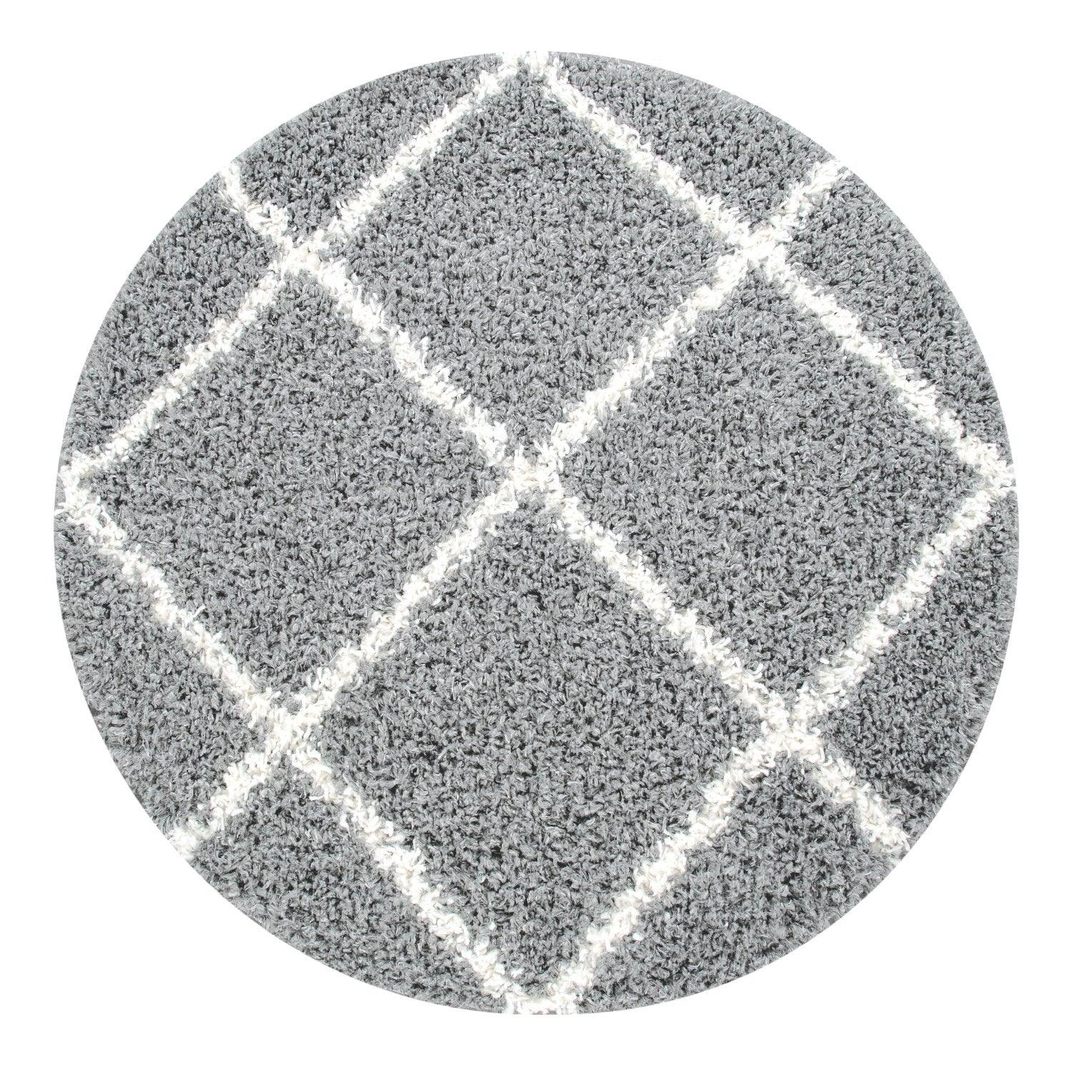 Round gray rug with a white grid pattern on a white background
