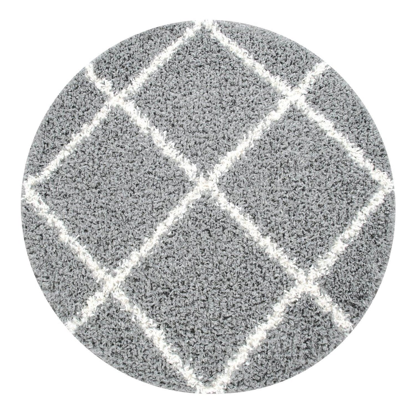 Round gray rug with a white grid pattern on a white background