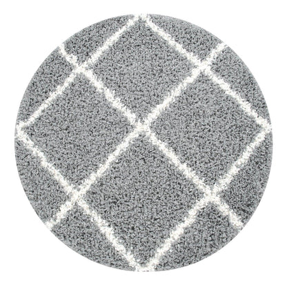 Round gray rug with a white grid pattern on a white background