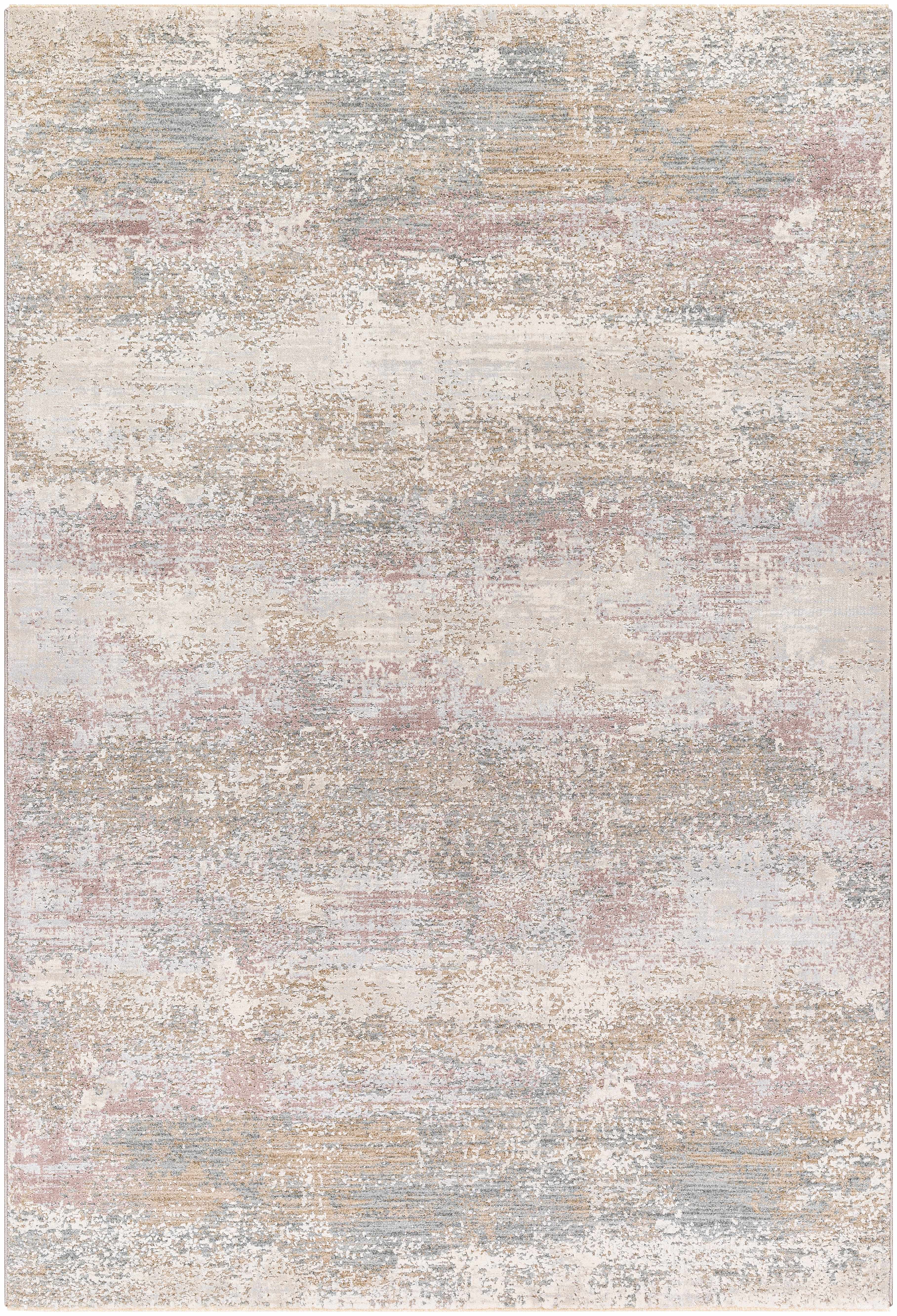 Textured area rug with a neutral color palette on a white background