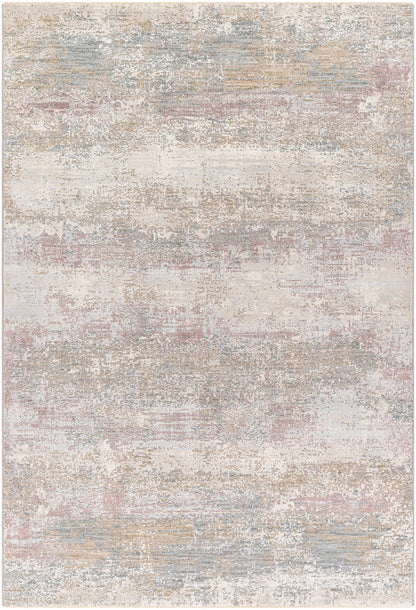 Textured area rug with a neutral color palette on a white background
