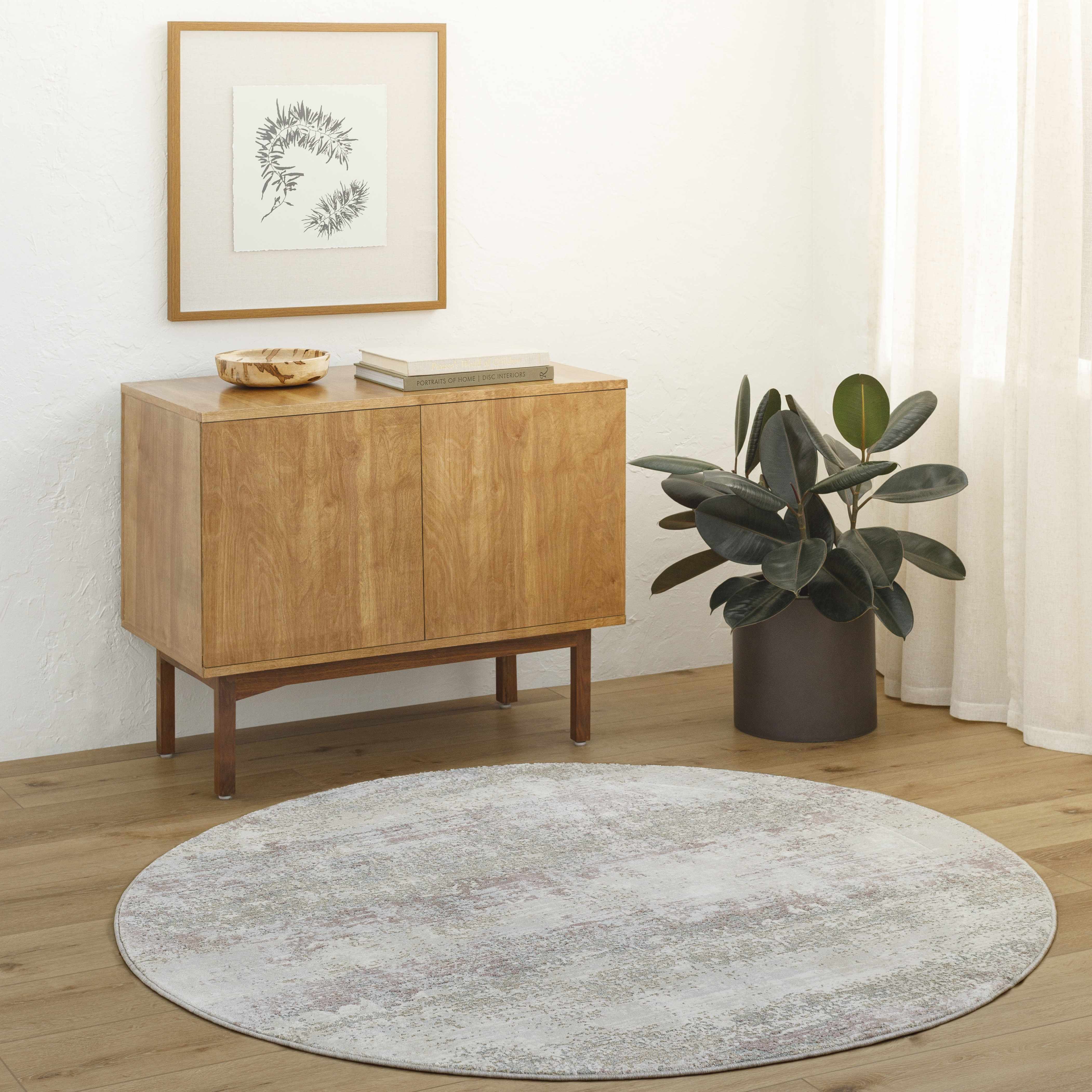 Wooden sideboard with decorative items in a room with a round rug and plant.