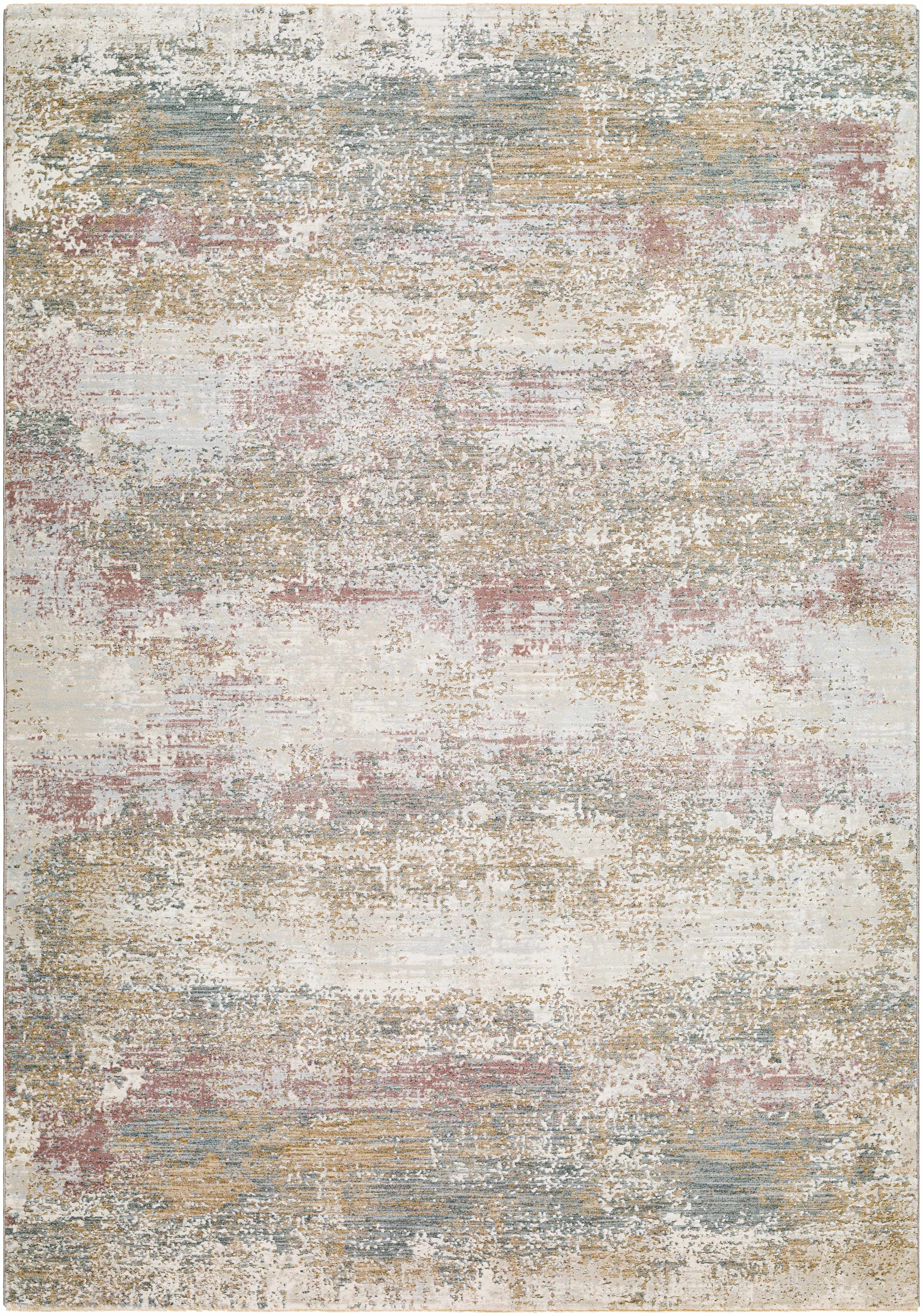 Multicolored area rug with abstract pattern on a plain background