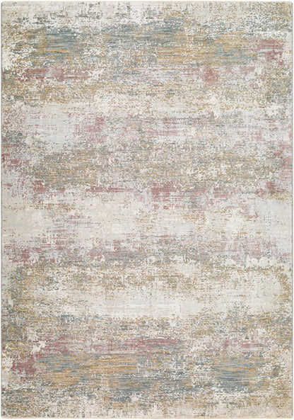 Multicolored area rug with abstract pattern on a plain background