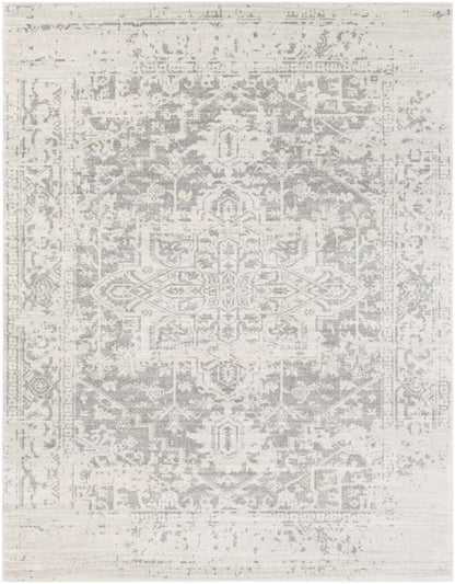 Patterned rug with geometric design on a light background