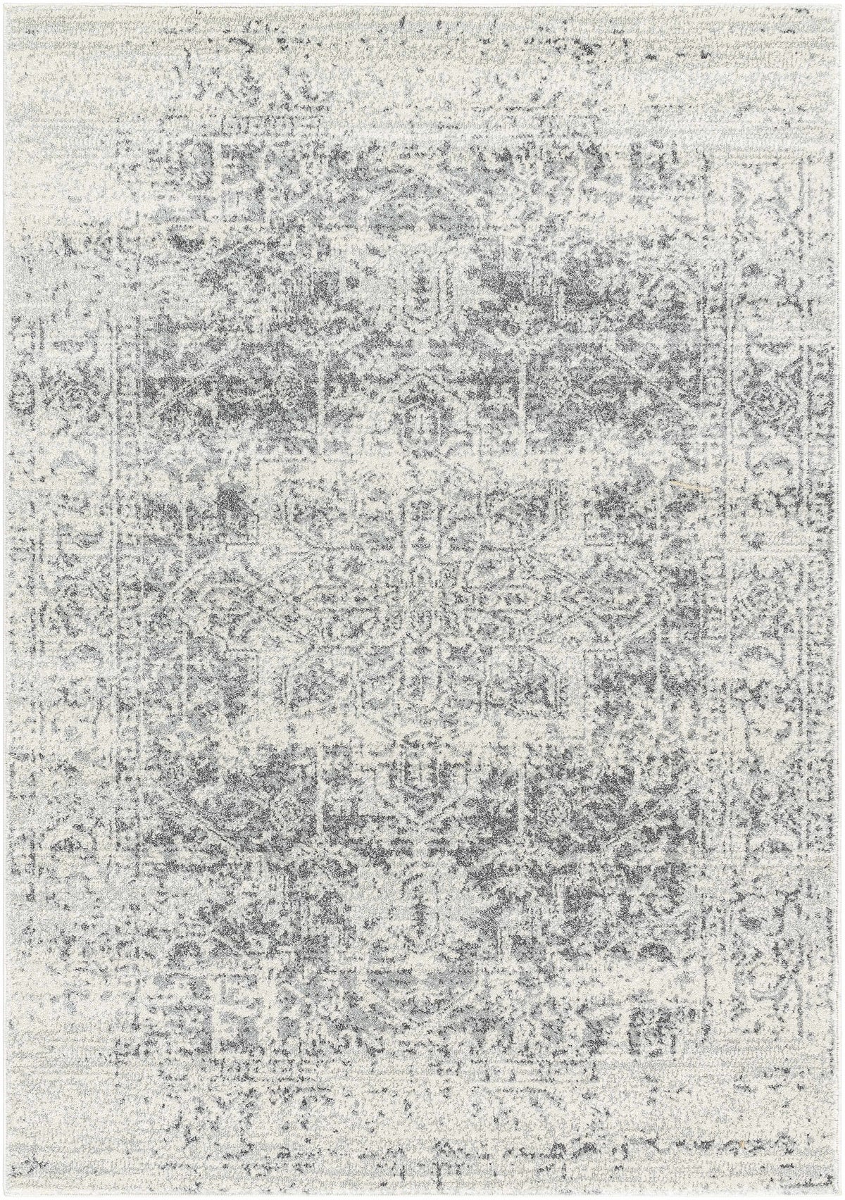 Gray and white patterned rug on a plain background