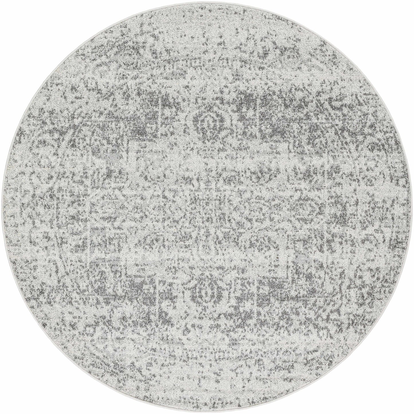 Round gray area rug with a textured pattern on a white background