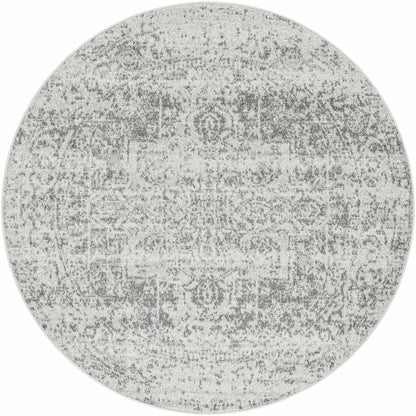 Round gray area rug with a textured pattern on a white background