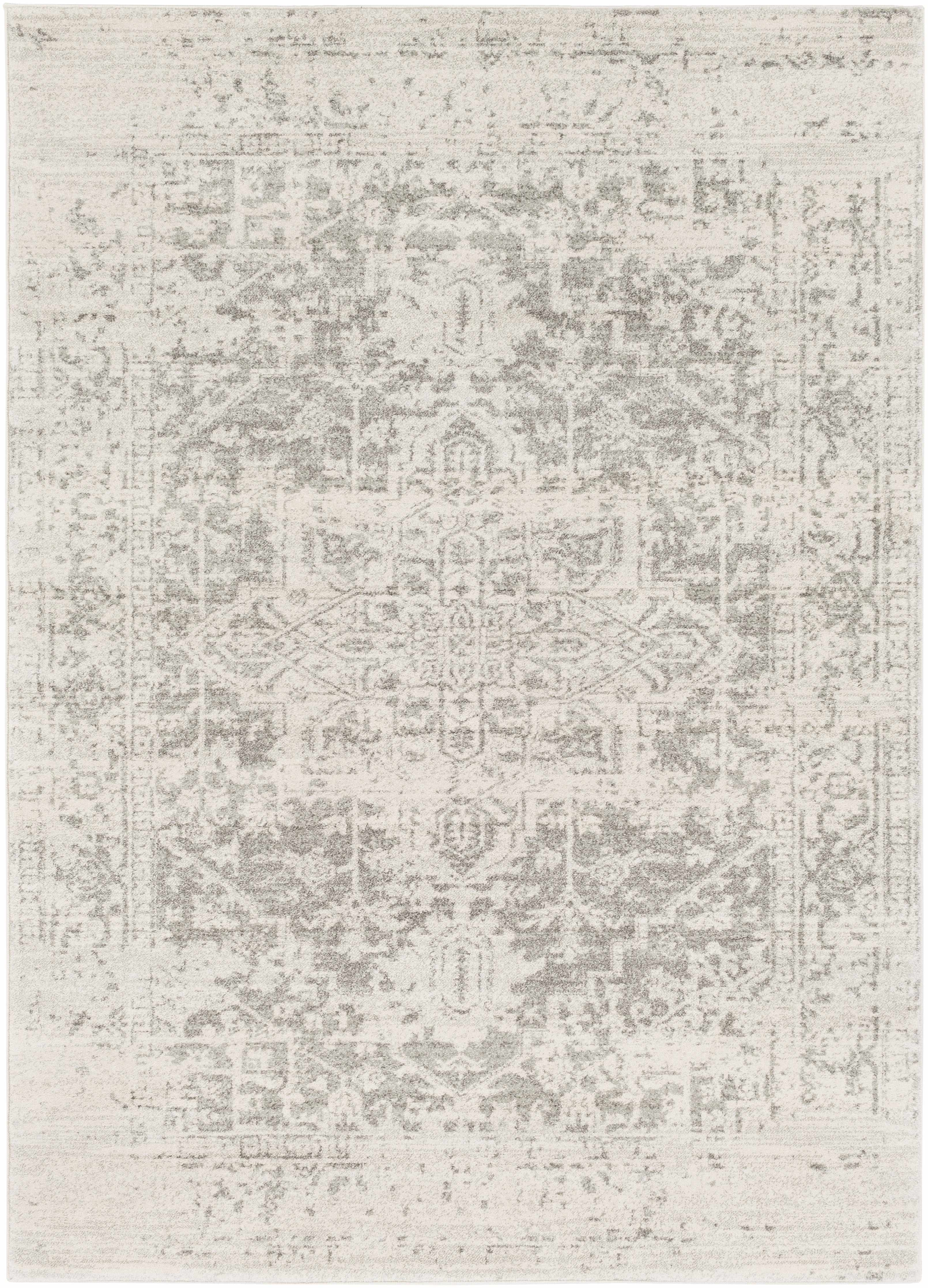 Patterned rug with a mix of gray and beige colors on a white background