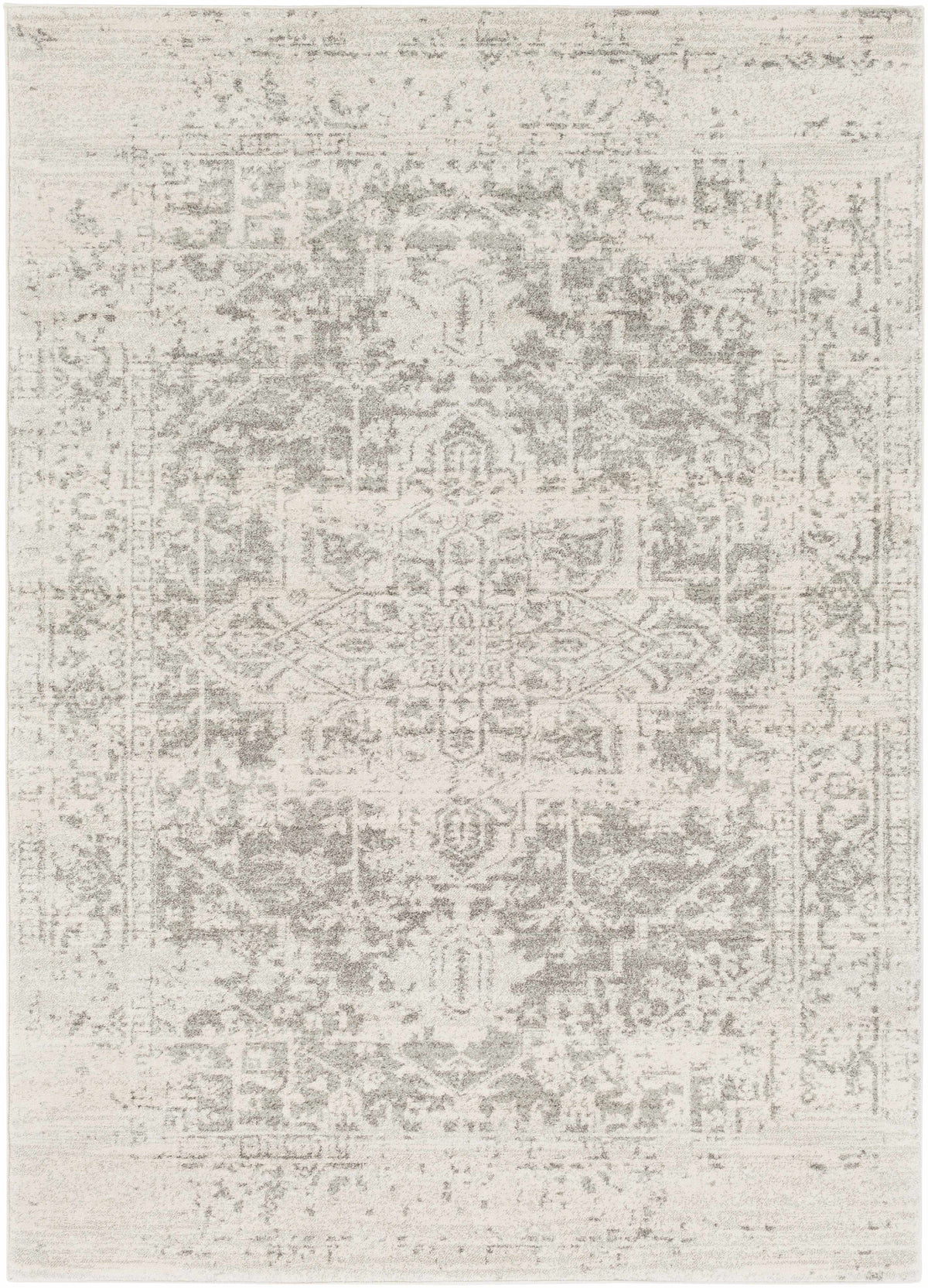Patterned rug with a mix of gray and beige colors on a white background