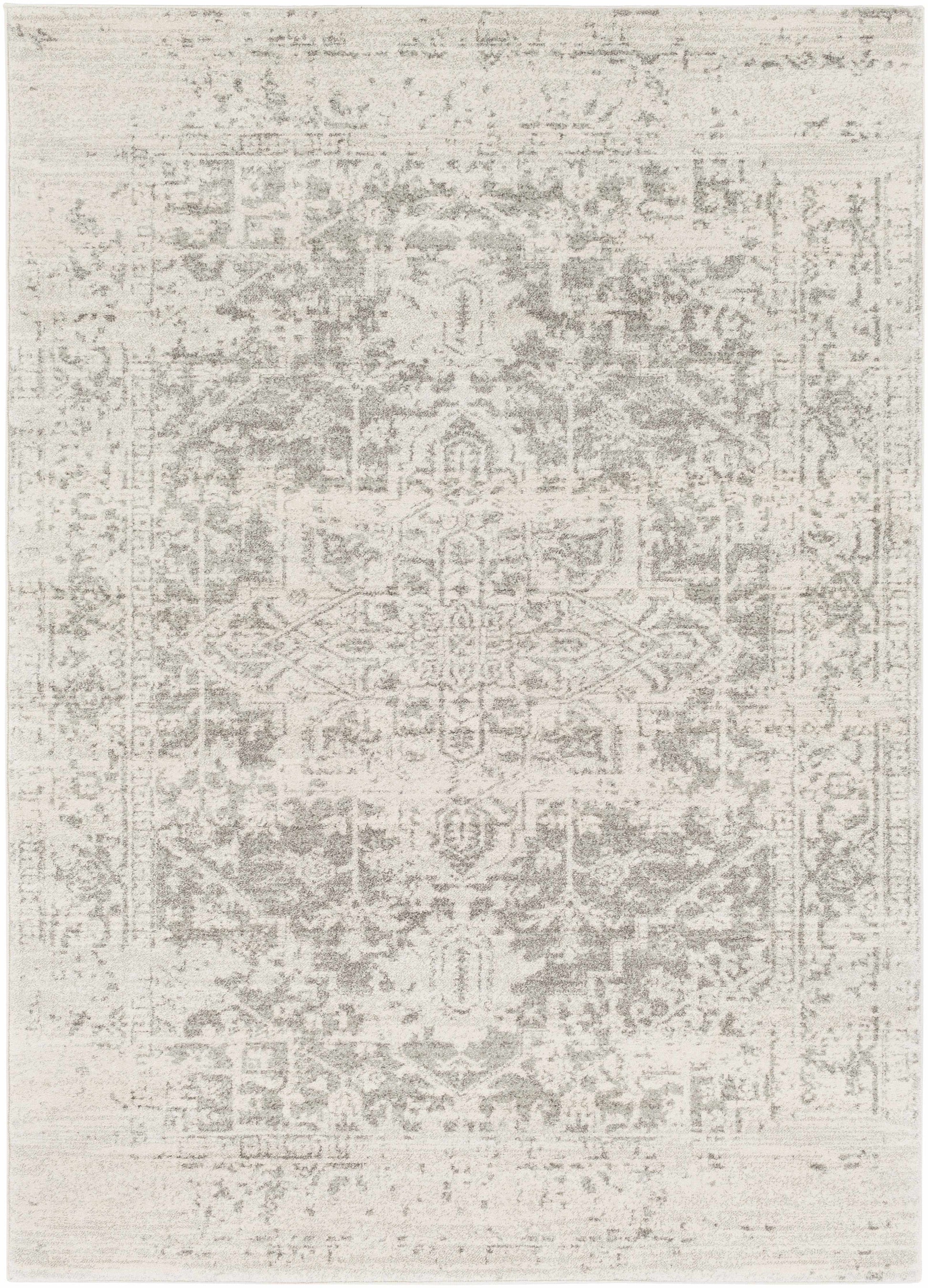 Patterned rug with a mix of gray and beige colors on a white background
