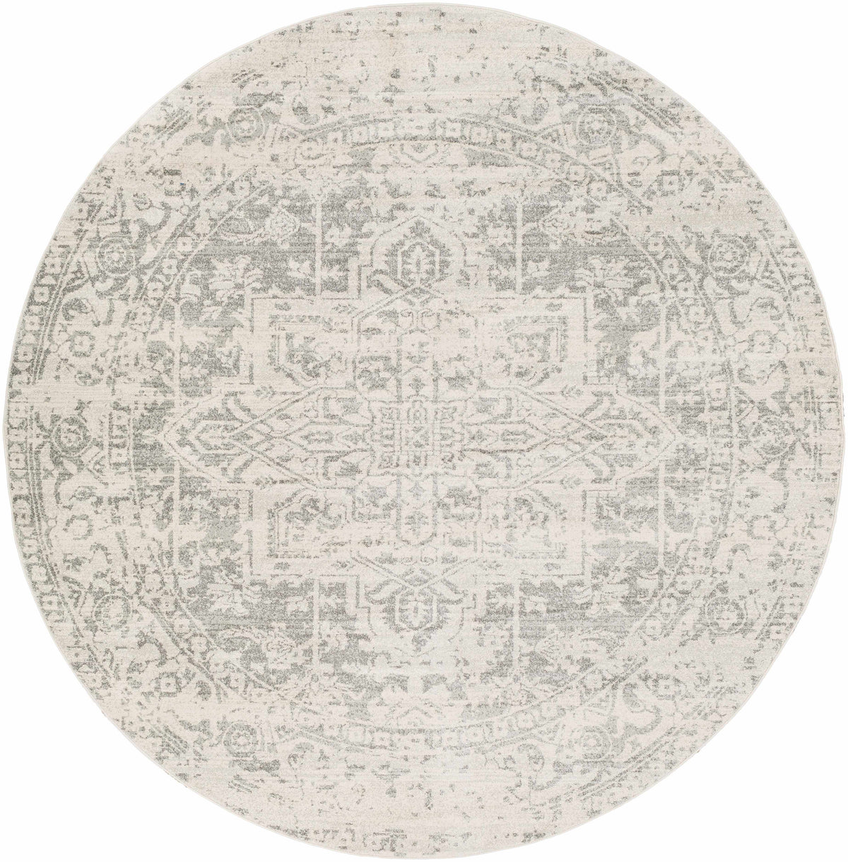 Round area rug with a pattern on a white background