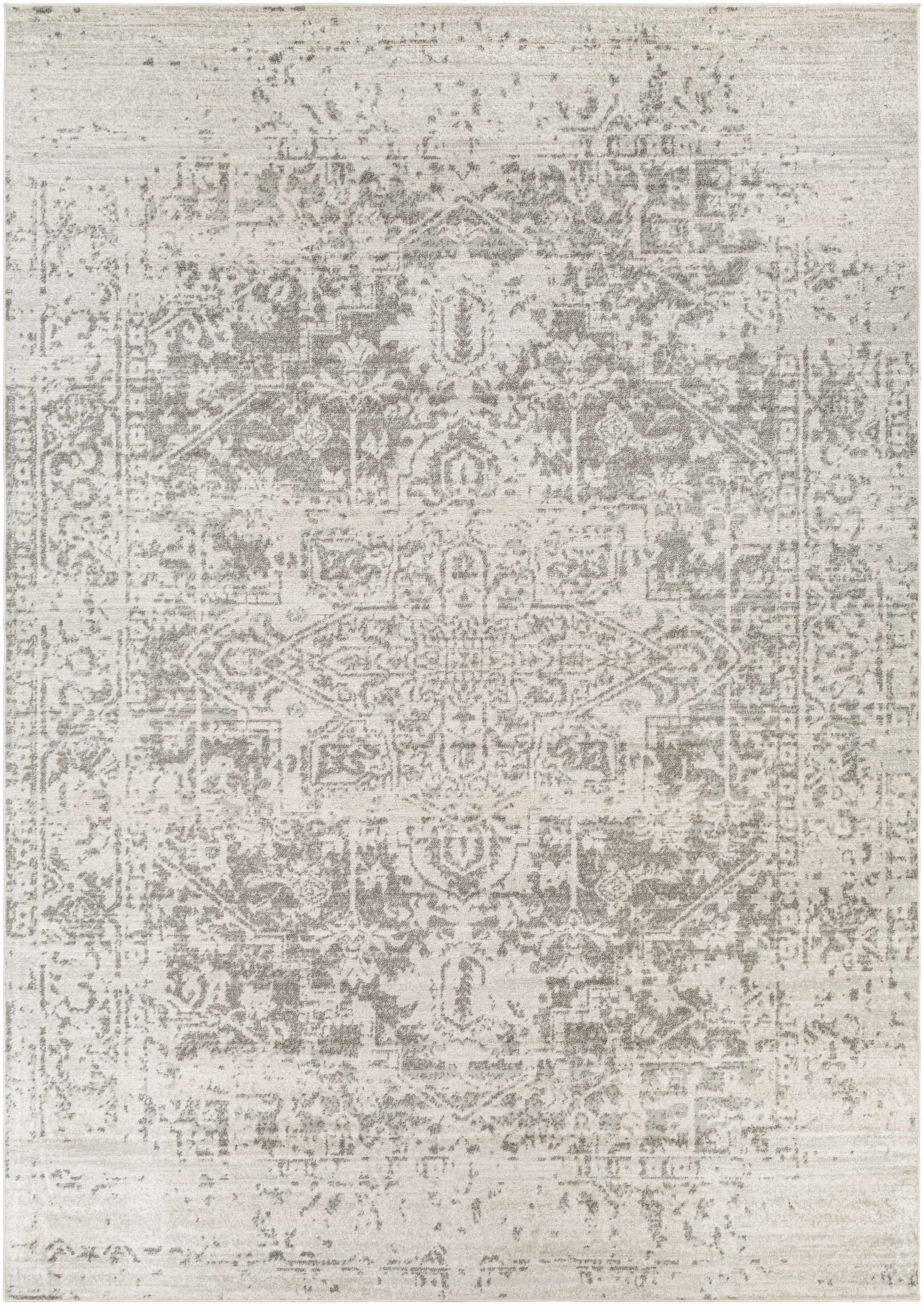 Patterned rug with a mix of gray and beige colors on a white background