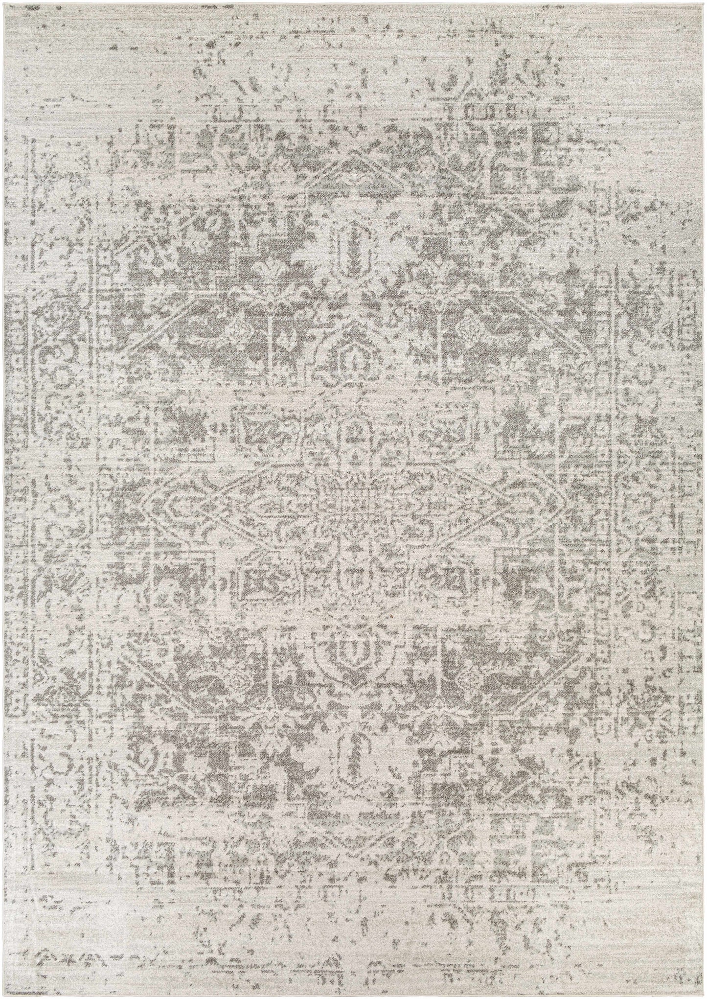 Patterned rug with a mix of gray and beige colors on a white background