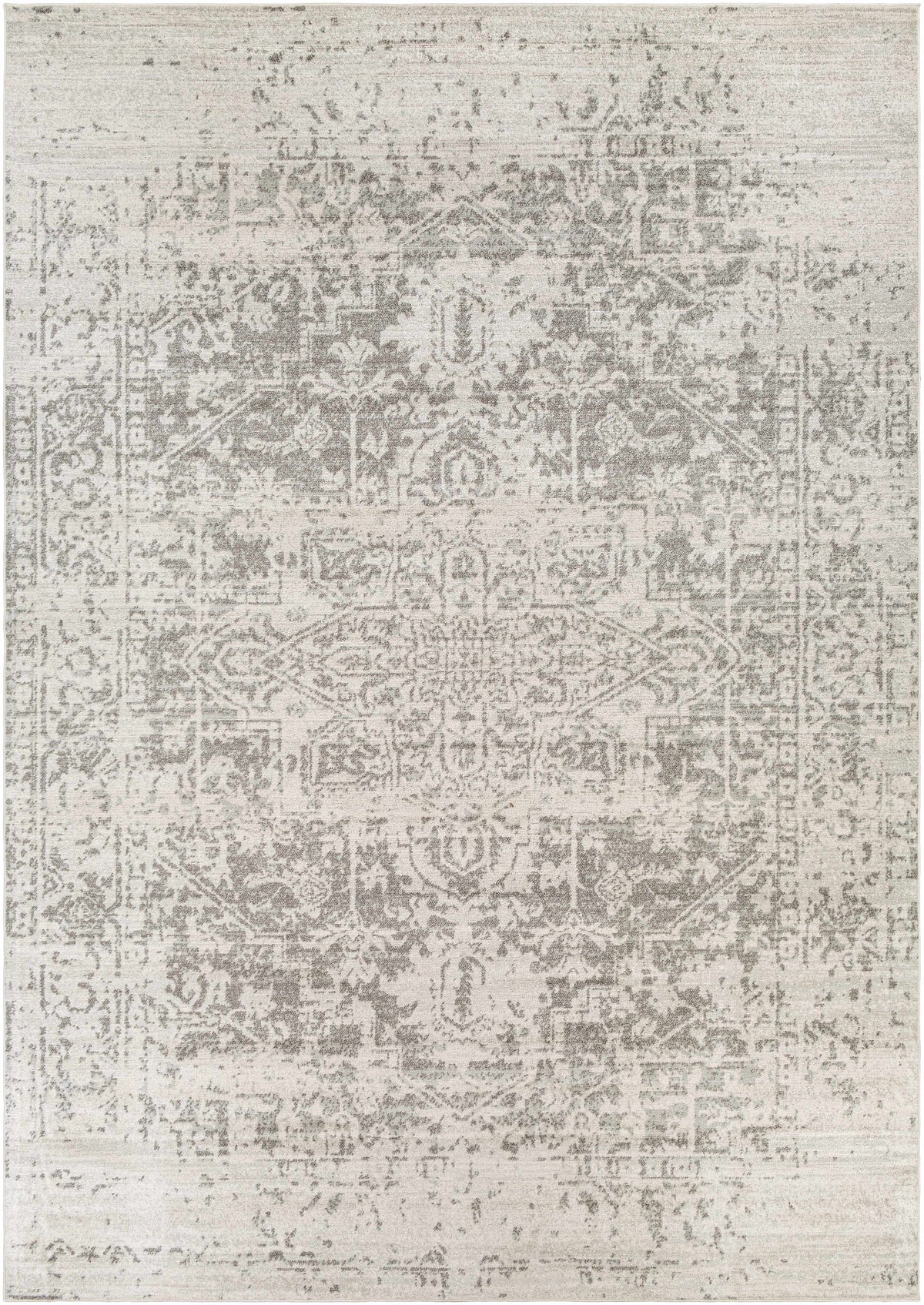 Patterned rug with a mix of gray and beige colors on a white background