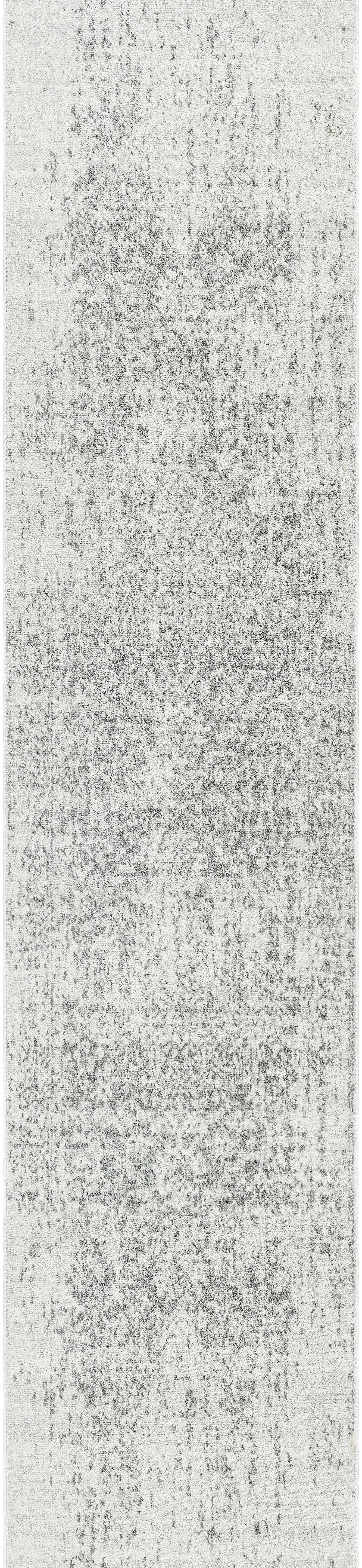 Long, narrow rug with a textured pattern in gray and white.
