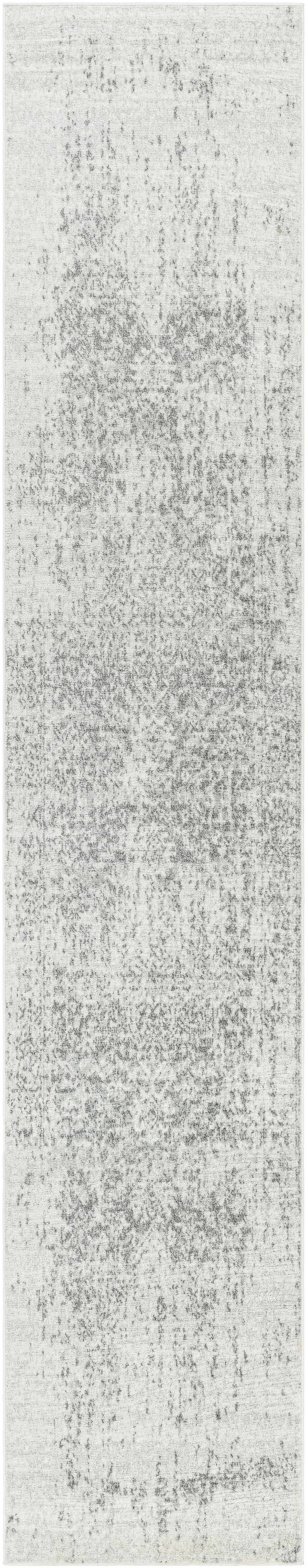 Long, narrow rug with a textured pattern in gray and white.