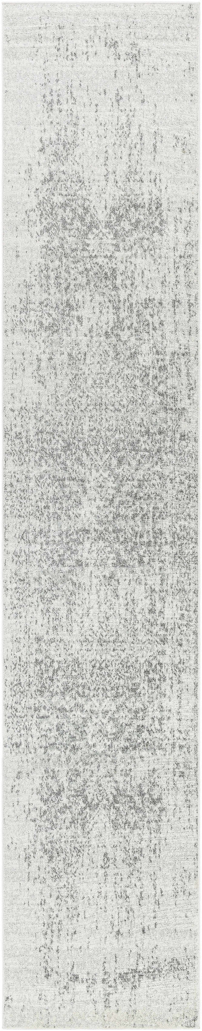 Long, narrow rug with a textured pattern in gray and white.